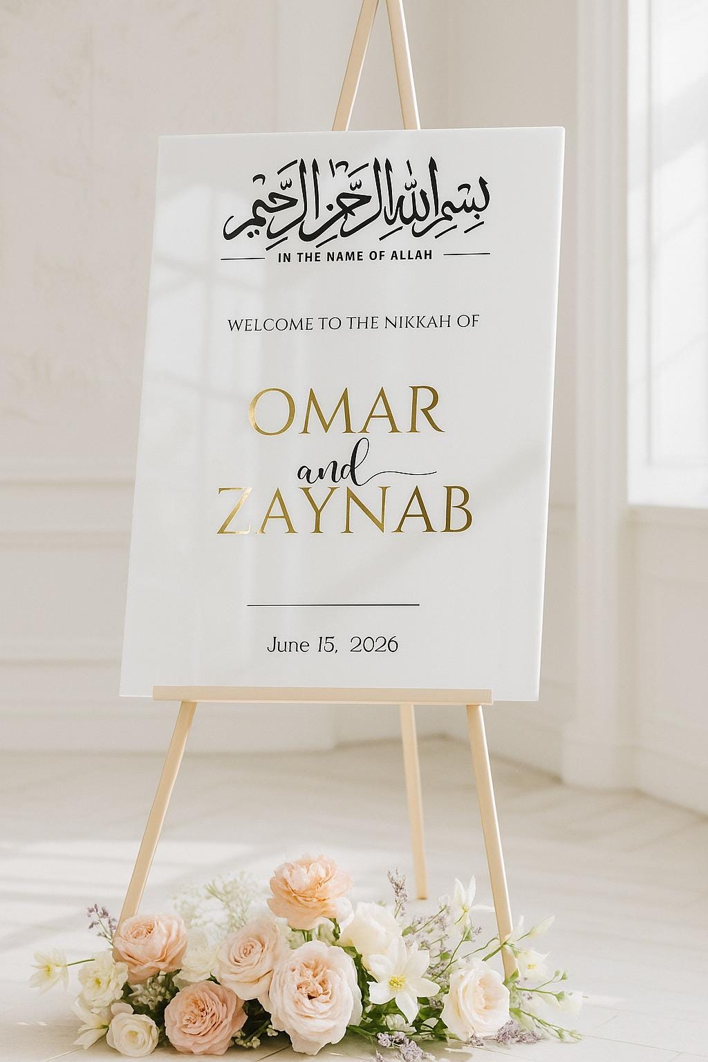 Custom Acrylic Islamic Wedding Welcome Sign: Gold Mirror, Bismillah Decor