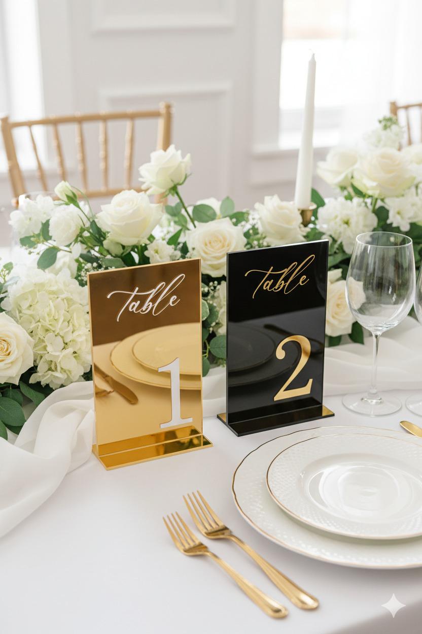 3D Black Mirror Acrylic Wedding Table Numbers with Stand