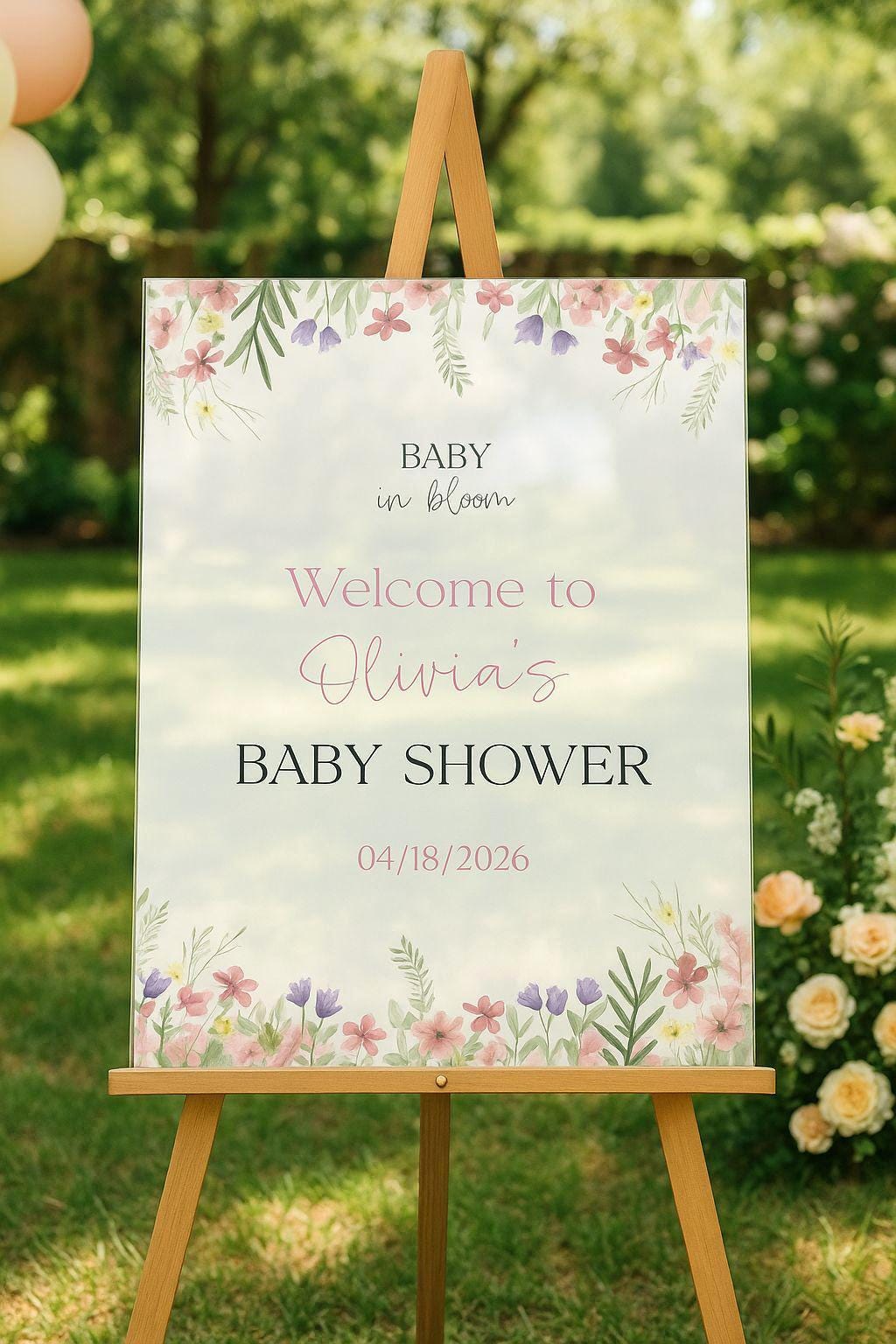 Wildflower Baby Shower Acrylic Sign, Baby in Bloom Party Decor