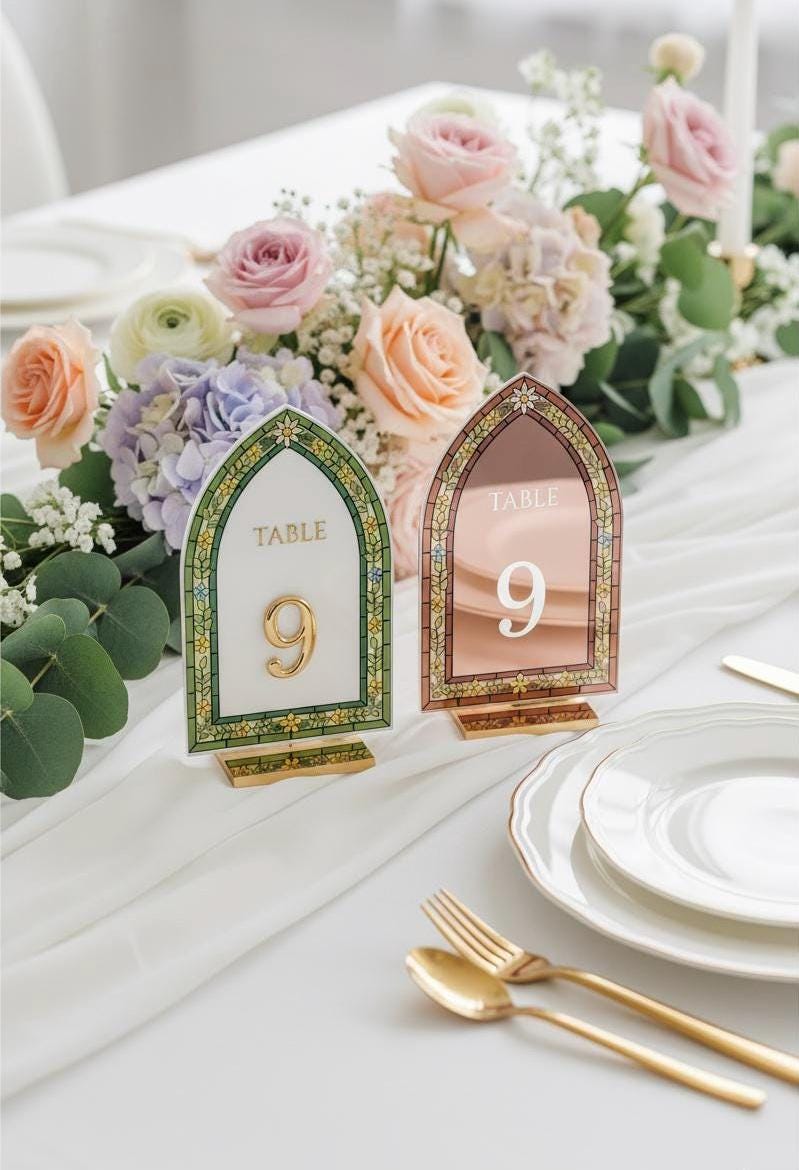 3D Gold Wedding Table Number, Stained Glass Style, Elegant Engagement Decor