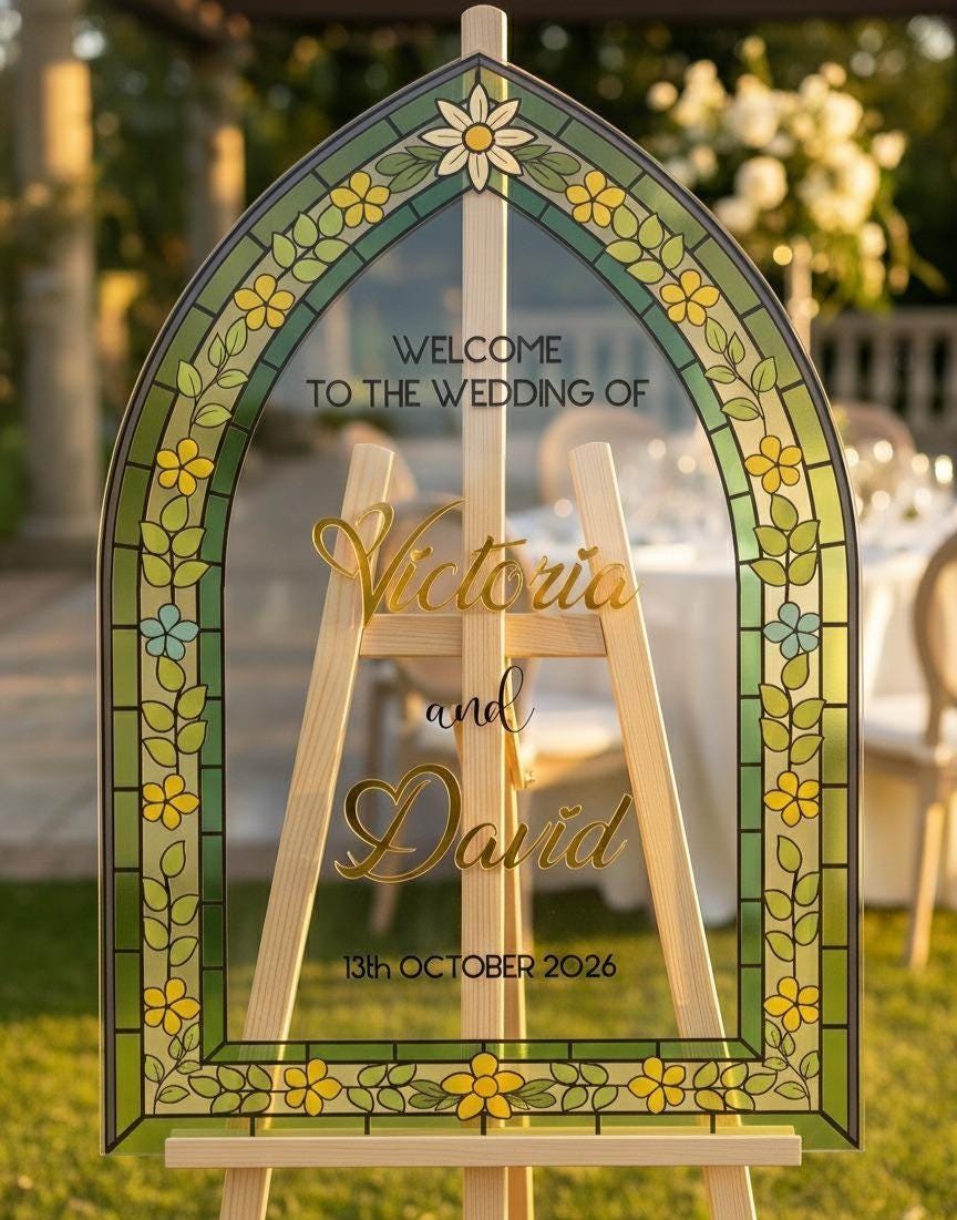 Stained Glass Welcome Sign, Acrylic Wedding Signage: Engagement Decorations