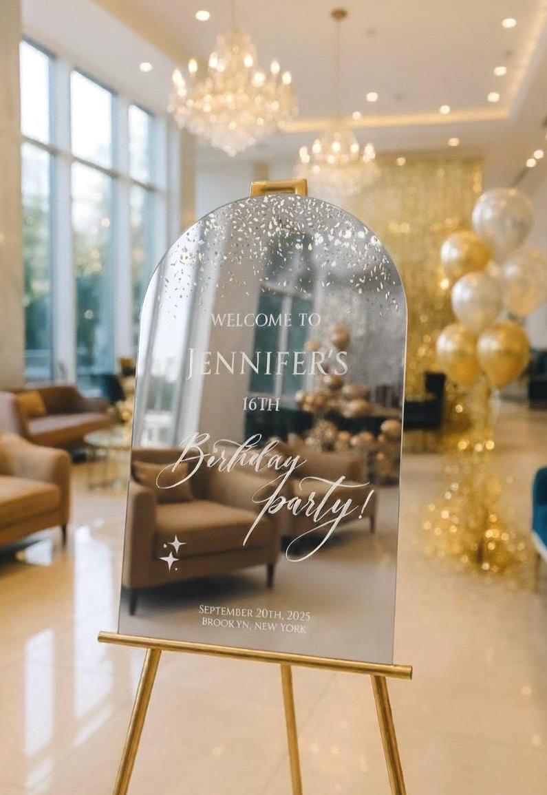 Personalized Mirror Acrylic Birthday Welcome Sign: Elegant Party Decor