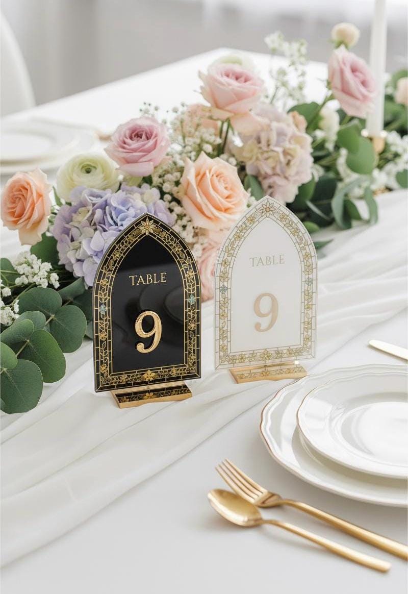 3D Gold Wedding Table Number, Stained Glass Style, Elegant Engagement Decor