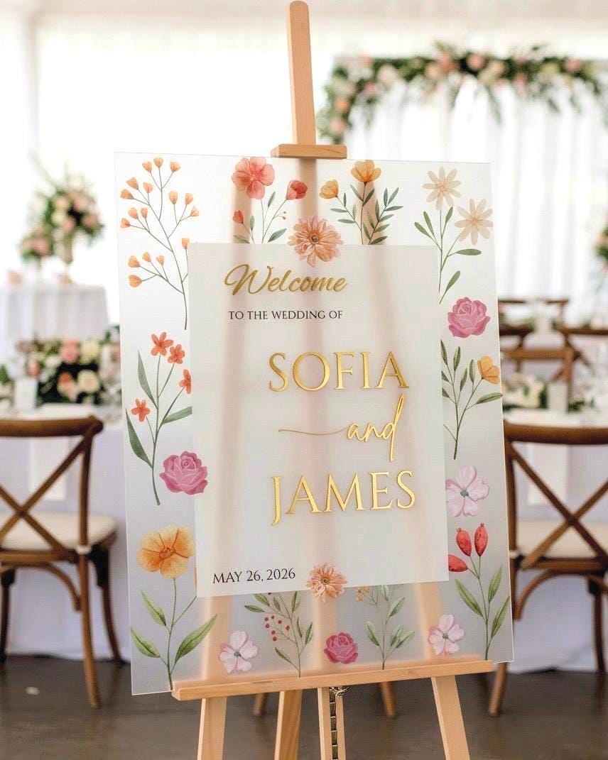 Wildflower Wedding Sign, Engagement Welcome Board with 3D Gold Mirror Letters
