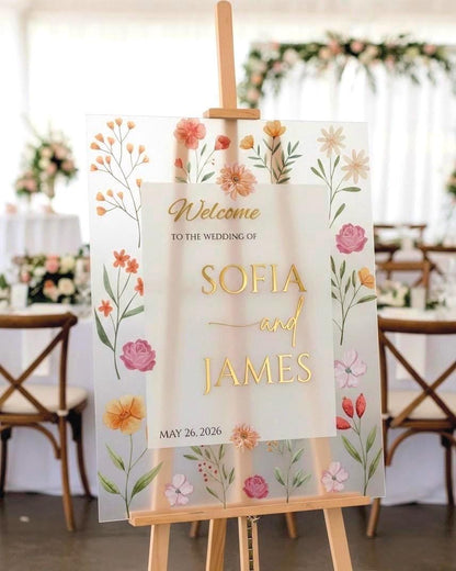 Wildflower Wedding Sign, Engagement Welcome Board with 3D Gold Mirror Letters