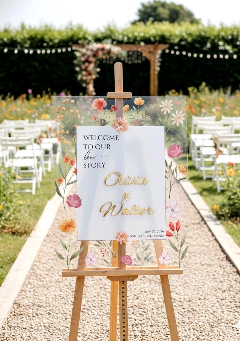 Wildflower Wedding Sign, Engagement Welcome Board with 3D Gold Mirror Letters