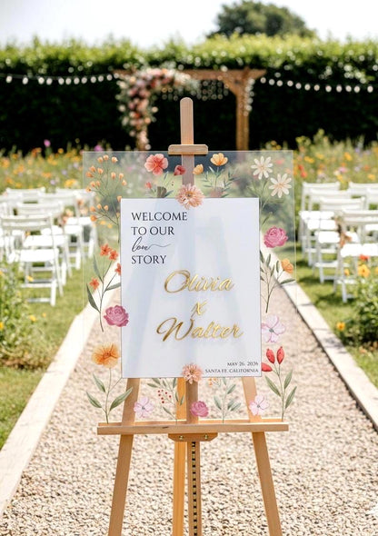 Wildflower Wedding Sign, Engagement Welcome Board with 3D Gold Mirror Letters