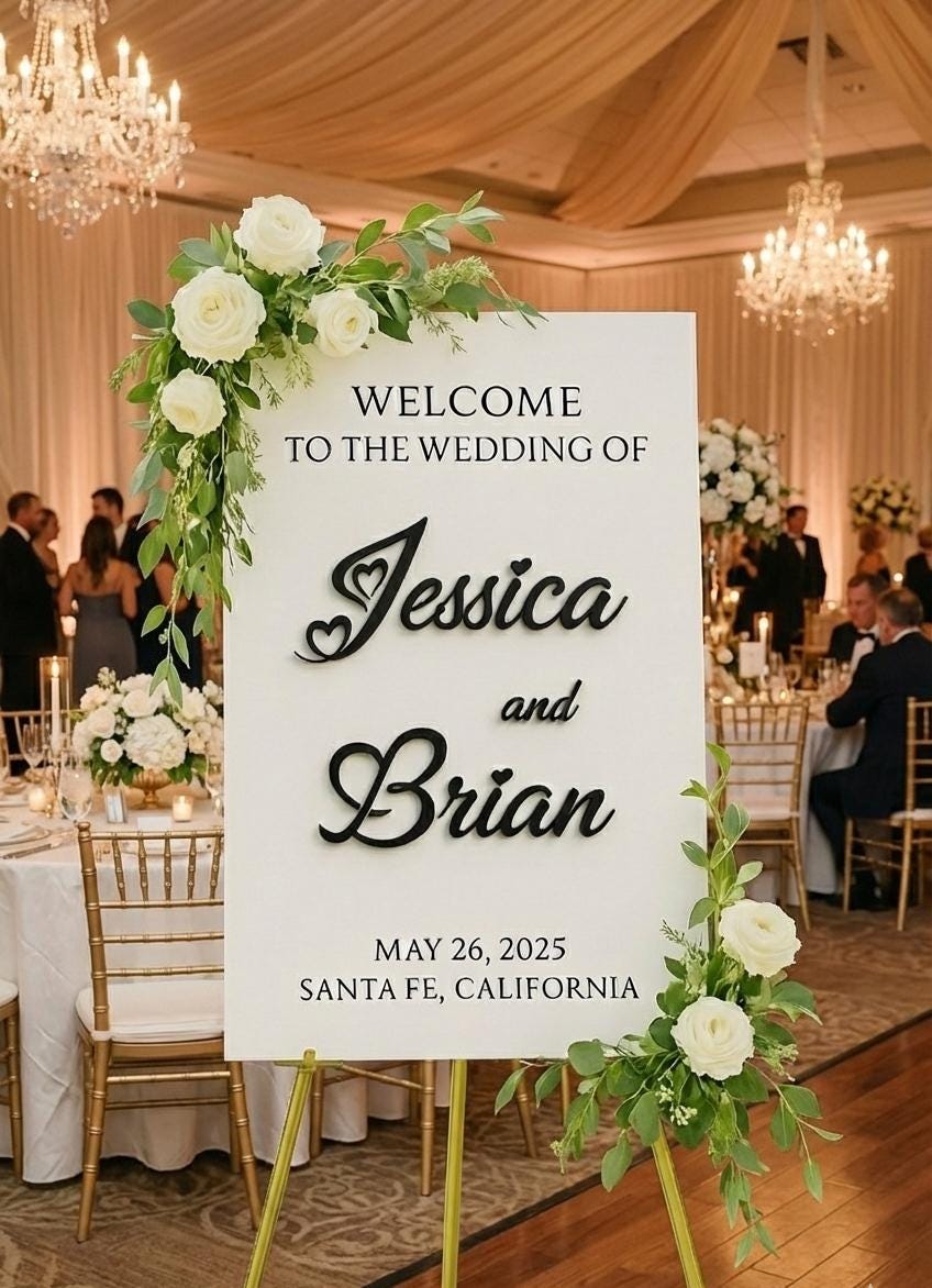 Wedding Welcome Sign: 3D Mirror Acrylic Names, Elegant Reception Decor