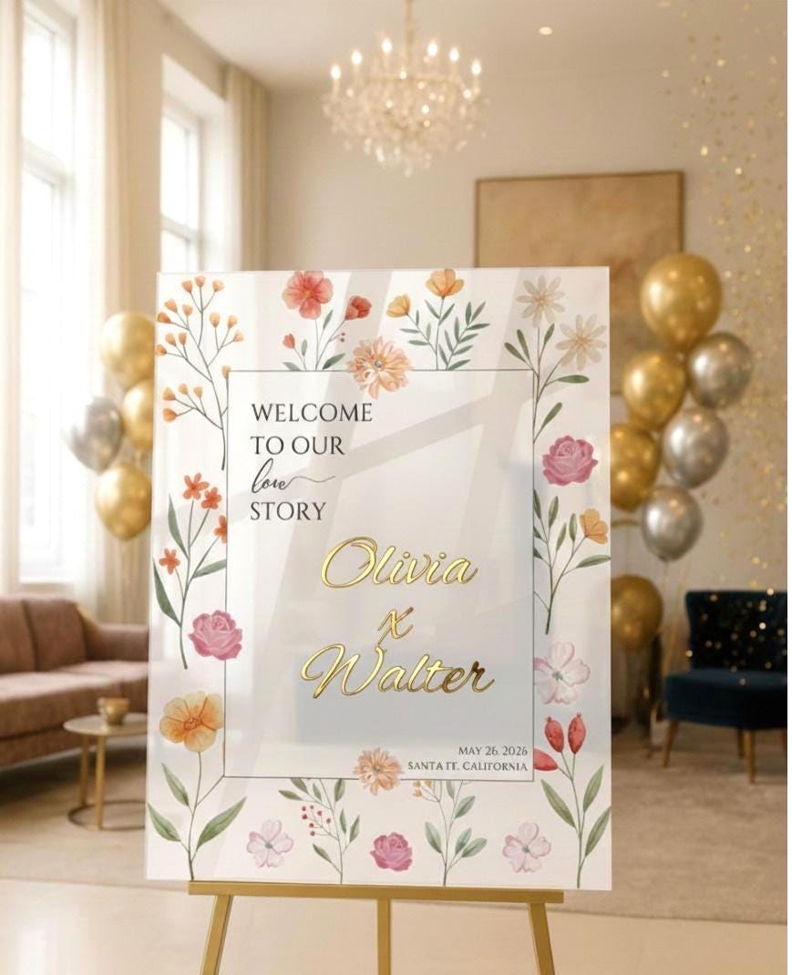 Wildflower Wedding Sign, Engagement Welcome Board with 3D Gold Mirror Letters