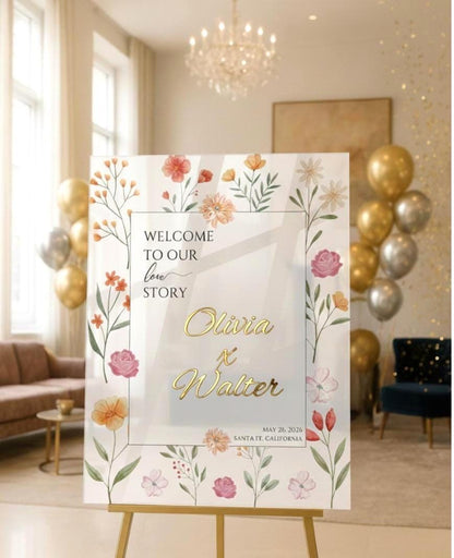 Wildflower Wedding Sign, Engagement Welcome Board with 3D Gold Mirror Letters