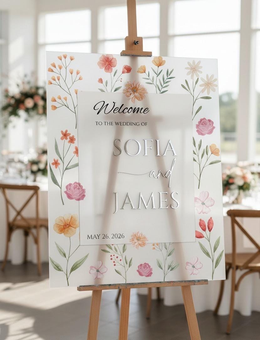 Wildflower Wedding Sign, Engagement Welcome Board with 3D Gold Mirror Letters