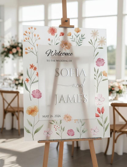 Wildflower Wedding Sign, Engagement Welcome Board with 3D Gold Mirror Letters