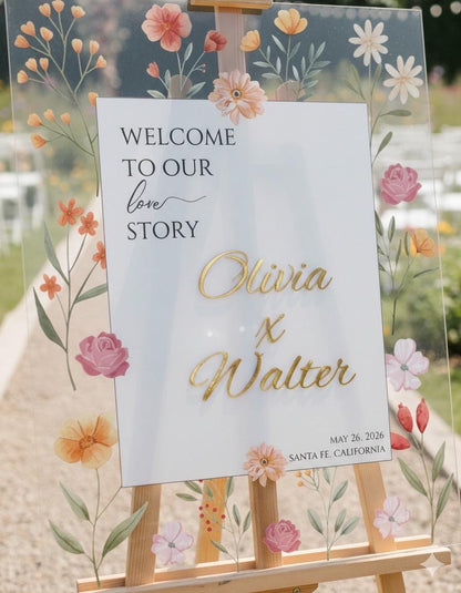 Wildflower Wedding Sign, Engagement Welcome Board with 3D Gold Mirror Letters