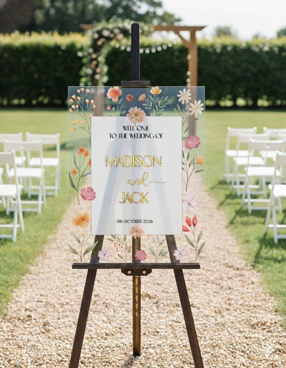 Wildflower Wedding Sign, Engagement Welcome Board with 3D Gold Mirror Letters