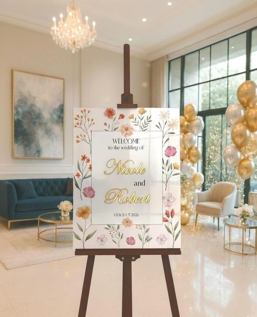 Wildflower Wedding Sign, Engagement Welcome Board with 3D Gold Mirror Letters