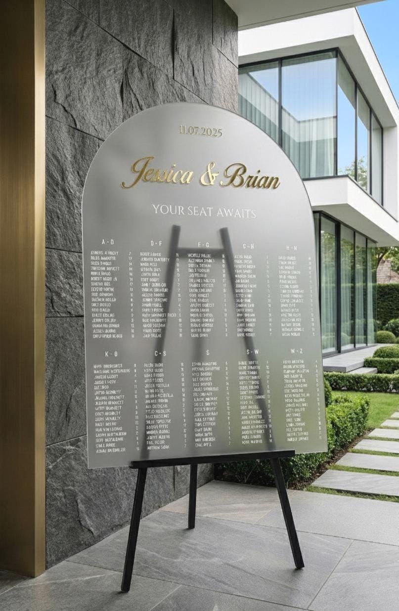 Custom Acrylic Wedding Seating Chart Sign: 3D Mirror Text