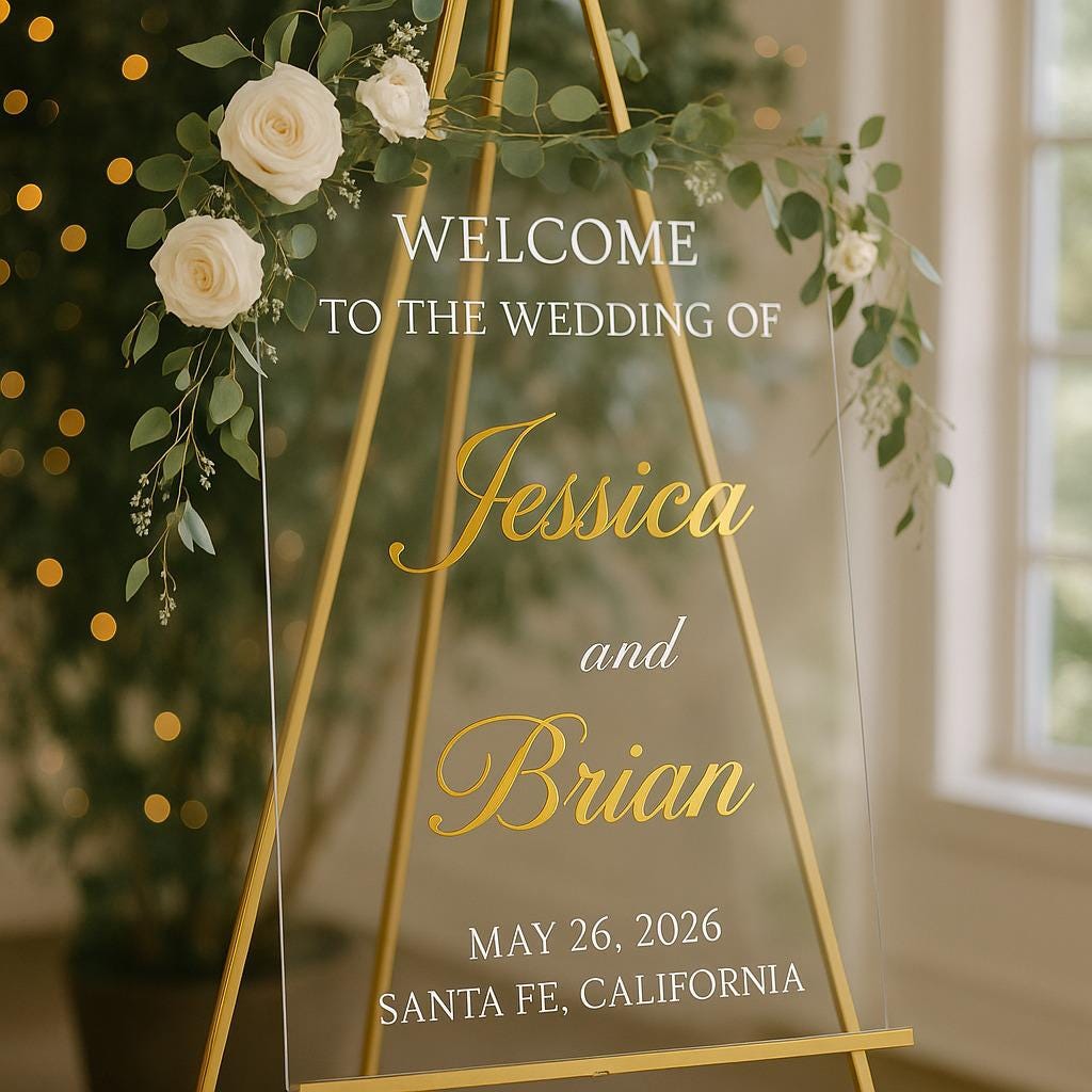 Personalized Wedding Welcome Sign: 3D Mirror Acrylic Names, Elegant Reception Decor