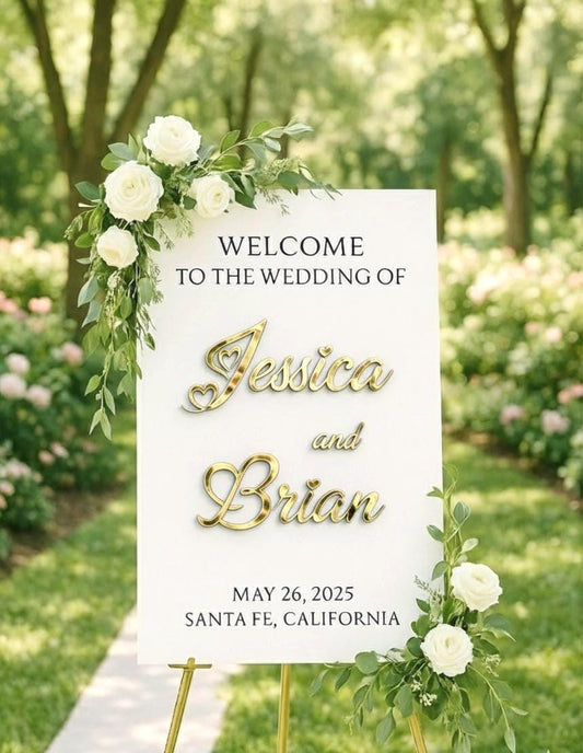 Wedding Welcome Sign: 3D Mirror Acrylic Names, Elegant Reception Decor
