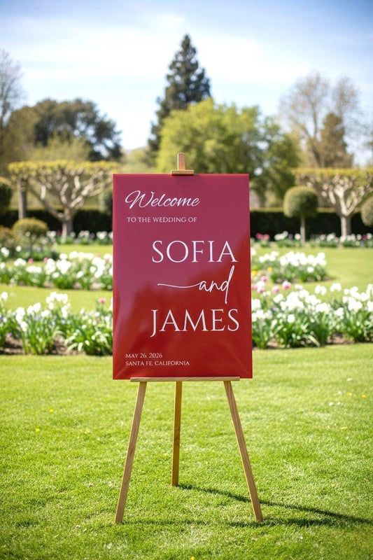Burgundy Wedding Sign: Acrylic Welcome Board