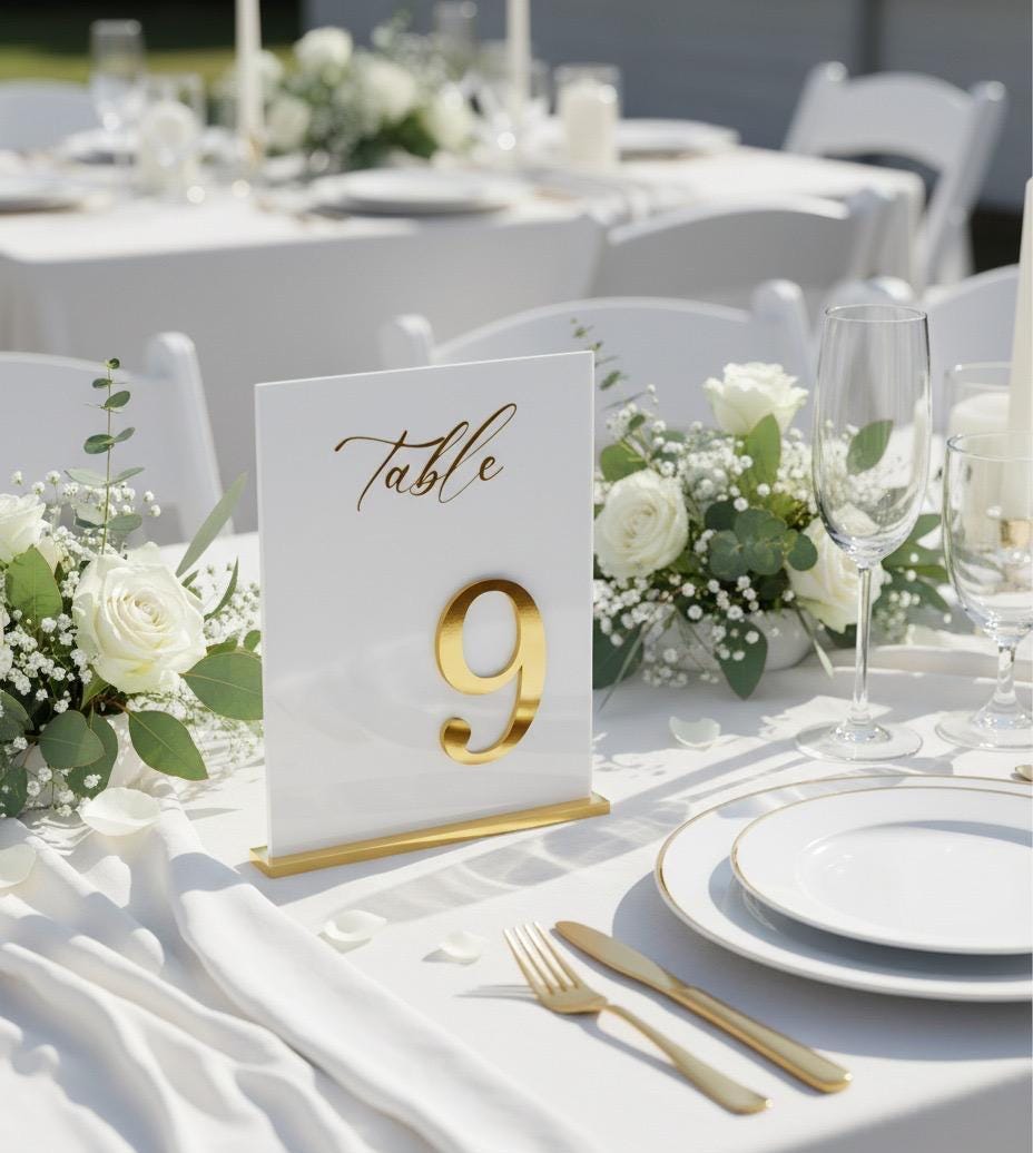 White and Gold Acrylic Wedding Table Numbers