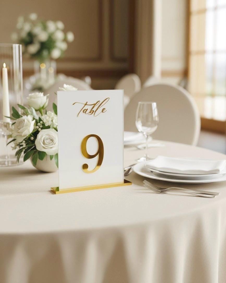 White Acrylic Wedding Table Numbers with Gold 3D Mirror Numbers