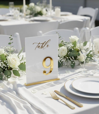 White Acrylic Wedding Table Numbers with Gold 3D Mirror Numbers