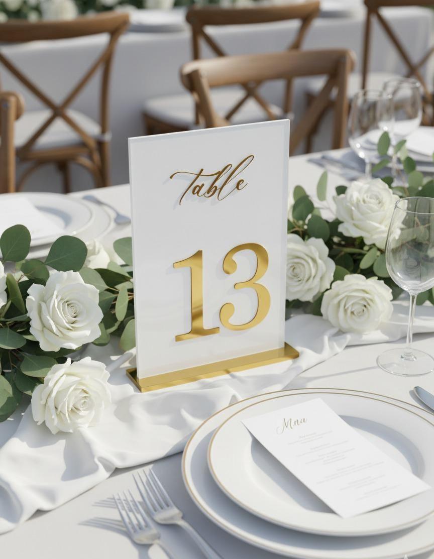 White Acrylic Wedding Table Numbers with Gold 3D Mirror Numbers