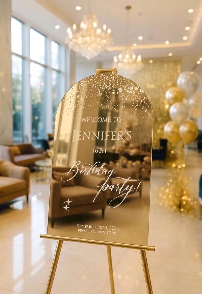 Custom Happy Birthday Sign, Gold Mirror Acrylic Welcome Sign