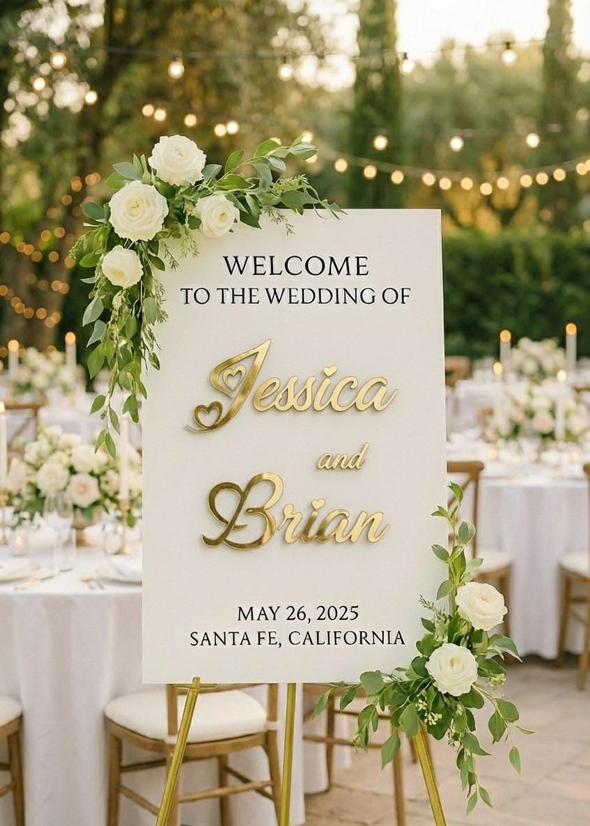 Personalized Wedding Welcome Sign: 3D Mirror Acrylic Names, Elegant Reception Decor