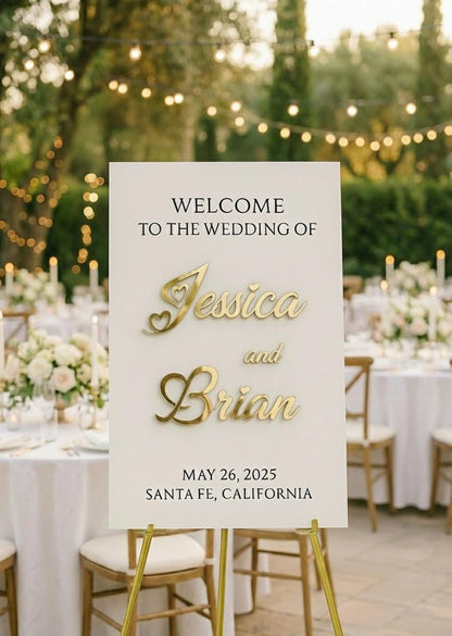 Personalized Wedding Welcome Sign: 3D Mirror Acrylic Names, Elegant Reception Decor