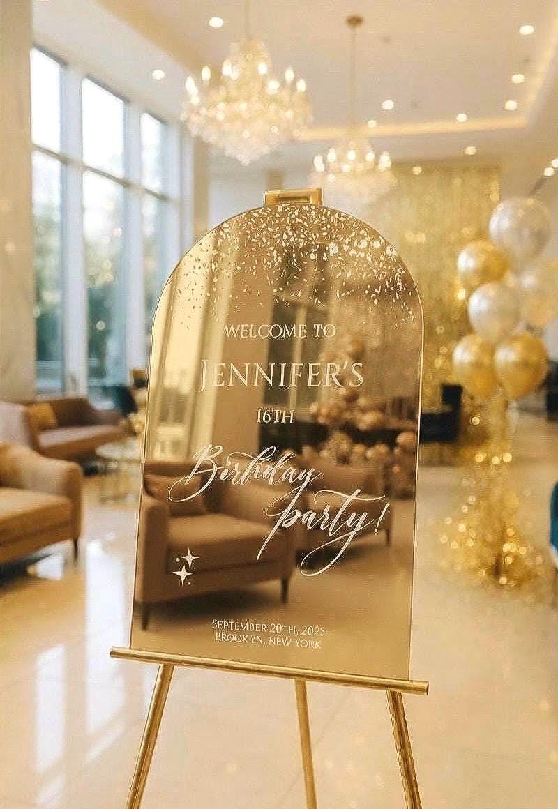 Personalized Mirror Acrylic Birthday Welcome Sign: Elegant Party Decor