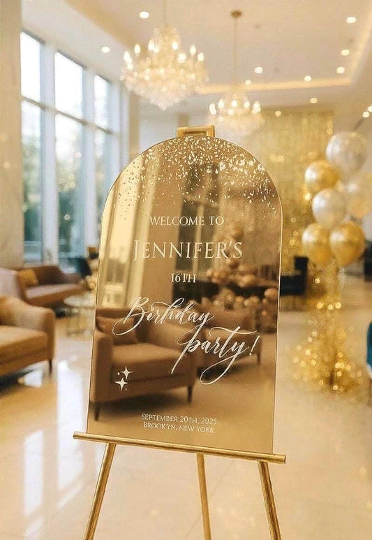 Personalized Mirror Acrylic Birthday Welcome Sign: Elegant Party Decor
